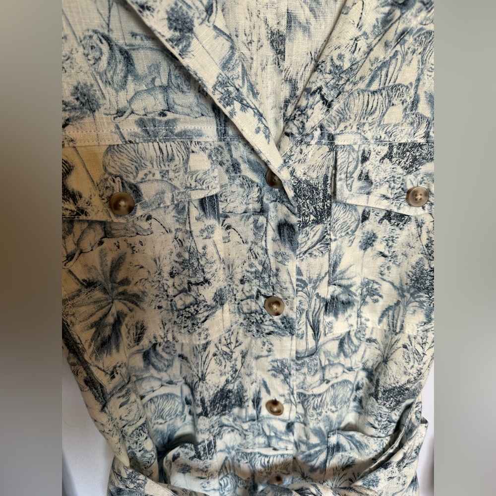 Rachel Zoe 100% Linen Blue Toile Safari Animal Print Belted Safari Jacket Small - Picture 3 of 7